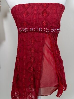 Vanity Red Strapless Lace & Beaded Sheer Panel Top